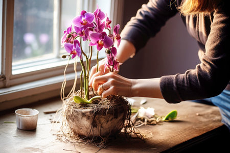The hostess trims off the dry roots of a phalaenopsis orchid.の素材