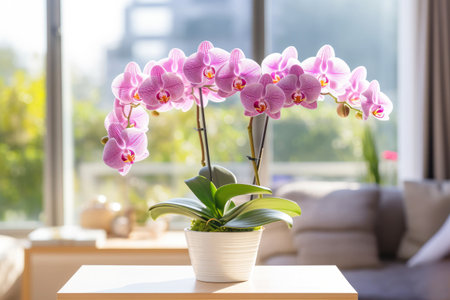 Phalaenopsis, the tropical orchid, adorns indoor spaces with its exotic lilac blooms.の素材