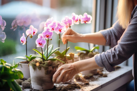 Caring hands tend to a blossoming Phalaenopsis orchid by the window.の素材