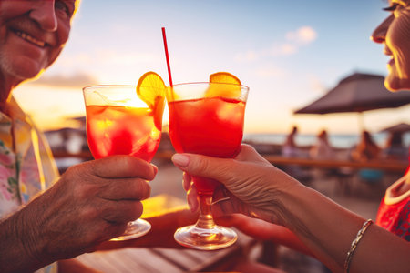 Elderly european couple sips cocktails by sea.の素材