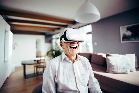 A pensioner explores virtual reality in a headset.の素材