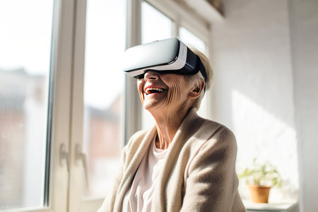 Tech savvy senior lady: embracing retirement with virtual reality.の素材