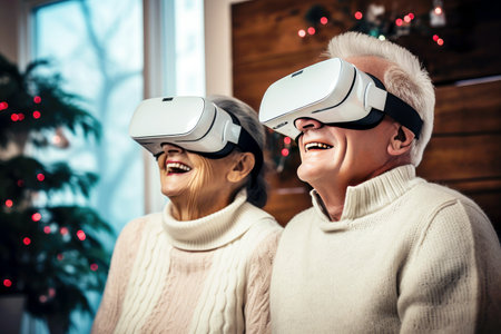 A married couple of seniors celebrate Christmas in virtual reality glasses.の素材