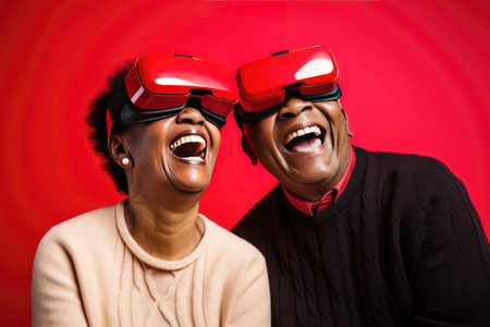 African American elderly married couple, laughing in virtual reality glasses on a red studio background.の素材