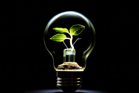 Green Earth concept: growing plant inside renewable light bulb.の素材