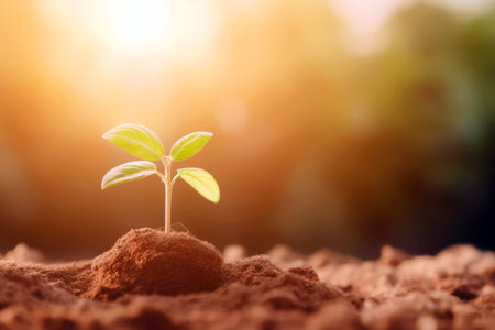 A young sprout of a green seedling in the soil. Environmental protection concept, copy space.の素材