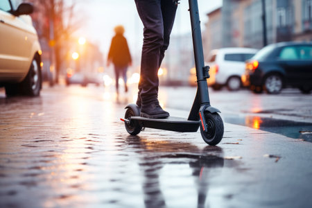 Men's legs on an electric scooter. The concept of environmentally friendly transport.の素材
