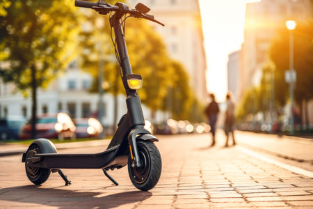 Electric scooter on the sidewalk. Modern mode of transport.の素材