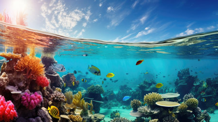 Breathtaking coral reef: colorful fish flourish in blue waters.の素材