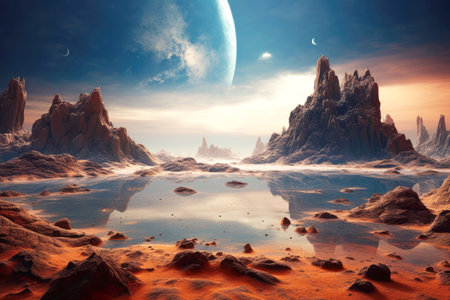 Otherworldly marvel: unrealistic alien landscape in cosmic abyss.の素材