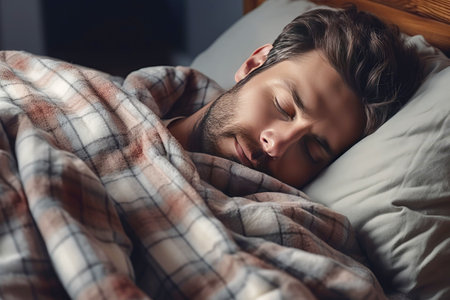 Attractive man's calm sleep in cozy room.の素材