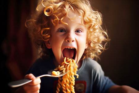 Adorable boy's appetite for Italian pasta.の素材