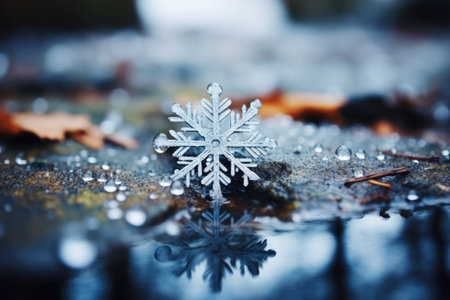 Holiday elegance: close-up snowflake on icy surface.の素材