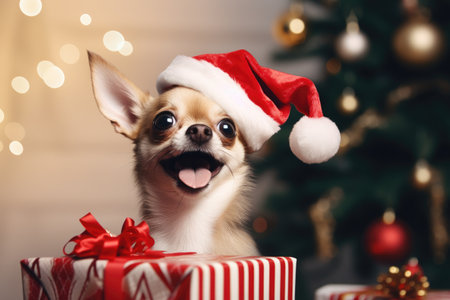 Christmas canine: chihuahua in Santa hat with presents.の素材