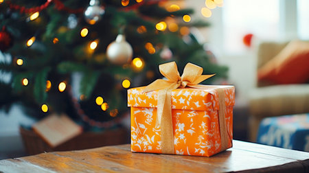 Merry Xmas tradition: decorated Christmas tree and gift box.の素材
