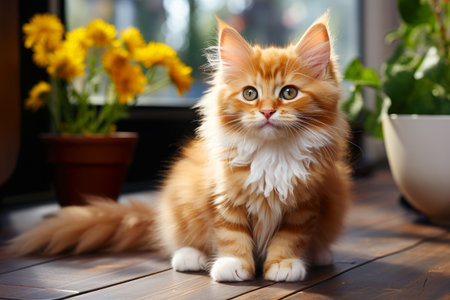Adorable red cat's portrait at home.の素材