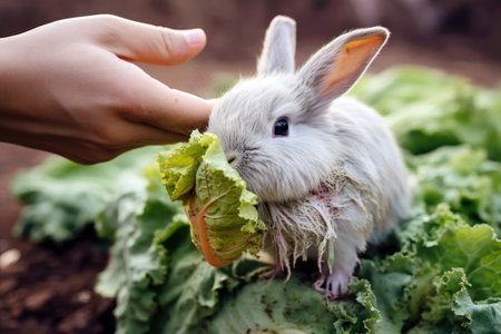 Fluffy pet rabbit eats fresh cabbage leaves.の素材