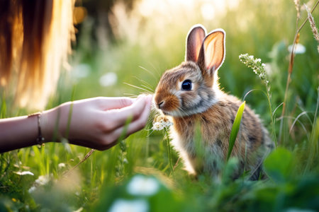 Nutritious meal for rabbit: hand feeding grass.の素材