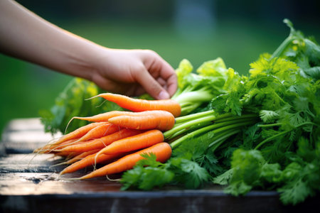 Hand with a bunch of fresh carrots.の素材