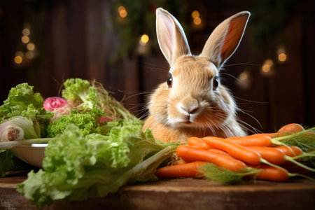 Domestic rabbit with fresh greens: healthy eating concept.の素材