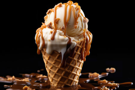 Caramel ice cream in a waffle cone on a black background.の素材