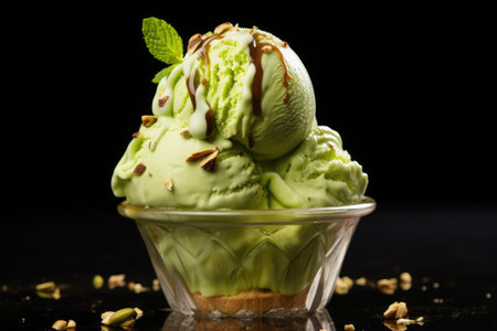 Pistachio ice cream in a glass bowl on a black background.の素材