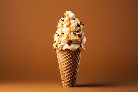 Still life delicacy: caramel ice cream in waffle cone.の素材