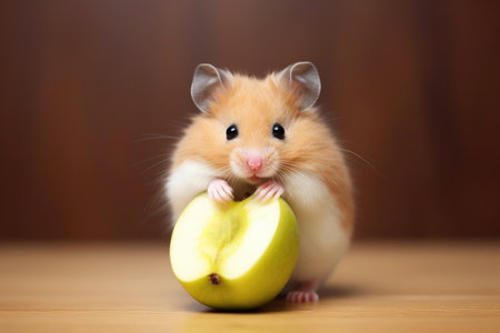 Hamster savoring wholesome apple close up.の素材