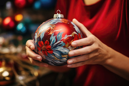 Seasonal decor preparing: woman crafting Christmas balls.の素材