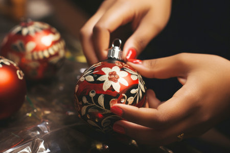DIY Christmas decor: woman handcrafting balls.の素材