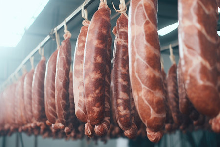 Sausage production: rows of tasty treats.の素材