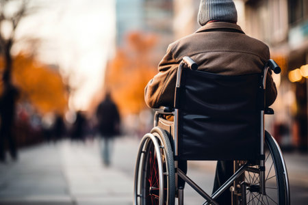 Paralyzed retired man in wheelchair on city street in autumn, back view, copy space.の素材