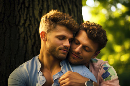 A gay man's loving embrace in nature.の素材