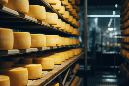 Round cheese wheels in the cellar.の素材