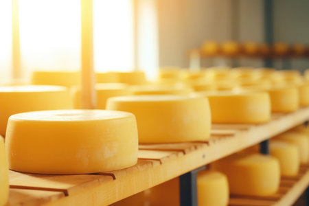 Quality cheese production: rows of ripening circles.の素材