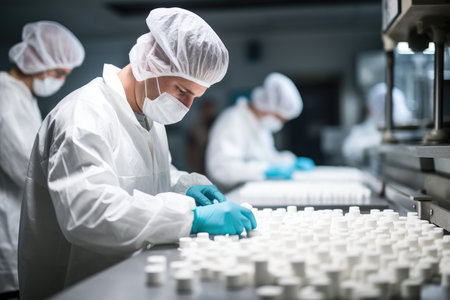 Medical vial inspection: worker in pharmaceutical production.の素材