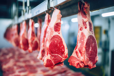 Precision in processing: meat on industrial hooks.の素材