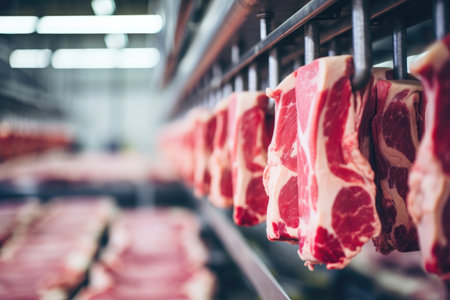 Meat hanging in storage close up.の素材