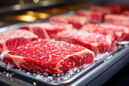 Preparing the product: meat on the conveyor belt.の素材