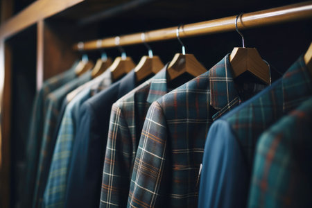 Men's suits on hangers in the store.の素材