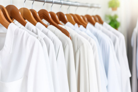 Men's white shirts on hanger sold in store.の素材