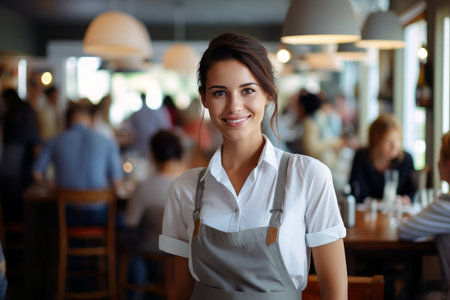 A young female worker in a restaurant, confidently going about her job.の素材