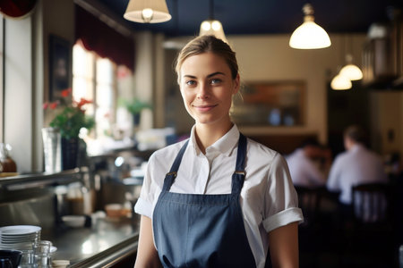 A cafe worker, wearing an apron, confidently serving in a professional setting.の素材