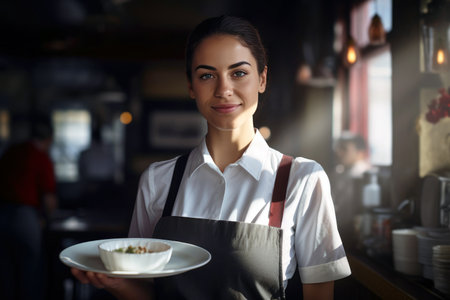 A beautiful cafe worker, wearing an apron and smiling.の素材
