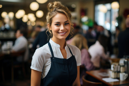 A portrait of a beautiful woman working as a waitress in a restaurant.の素材