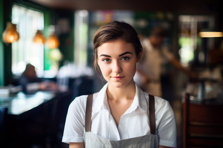 A female waitress in a pub, confidently at work.の素材