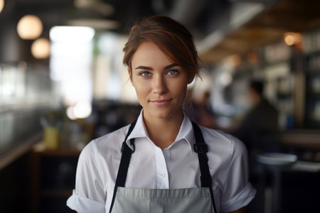 A confident waitress professionally serving in a cafeteria.の素材