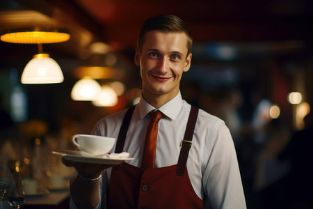 Portrait of a waiter in uniform with a tray in his hands.の素材