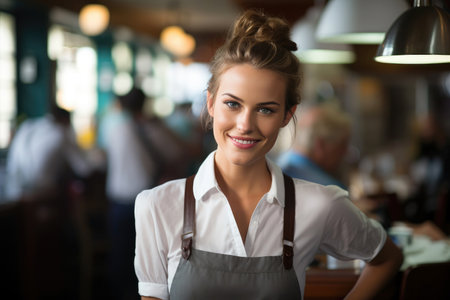 A portrait of a cheerful waitress in a cafe, expertly serving customers.の素材