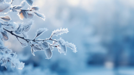 An icy branch in a wintertime setting with a blurred background, copy space.の素材